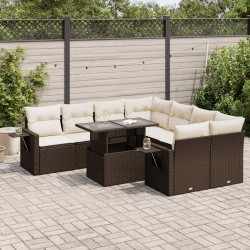 9 Pcs conjunto sofás p/ jardim c/ almofadões vime PE castanho