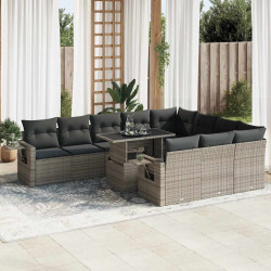 11 Pcs conjunto sofás de jardim c/ almofadões vime PE cinzento