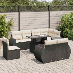 9 Pcs conjunto de sofás p/ jardim c/ almofadões vime PE preto