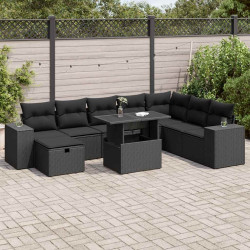 9 Pcs conjunto de sofás p/ jardim c/ almofadões vime PE preto