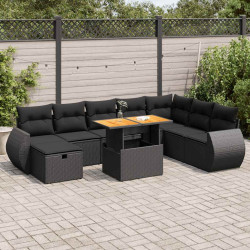 9 Pcs conjunto sofás p/ jardim almofadões vime PE/acácia preto