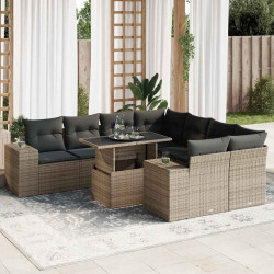 9 Pcs conjunto sofás p/ jardim com almofadões vime PE cinzento