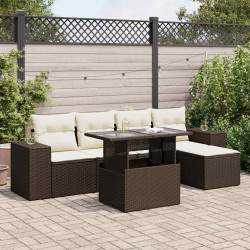 6 Pcs conjunto de sofás jardim c/ almofadões vime PE castanho