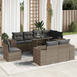9 Pcs conjunto sofás p/ jardim com almofadões vime PE cinzento