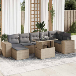 8 Pcs conjunto de sofás p/ jardim com almofadões vime PE bege