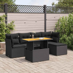 6 Pcs conjunto sofás de jardim c/ almofadões vime PE preto