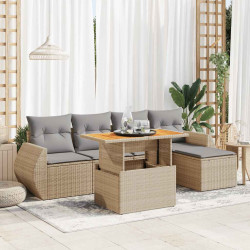 6 Pcs conjunto de sofás p/ jardim com almofadões vime PE bege