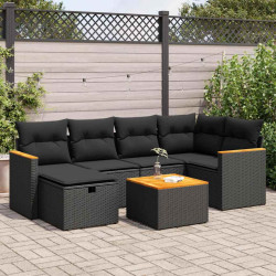 7 Pcs conjunto de sofás p/ jardim c/ almofadões vime PE preto
