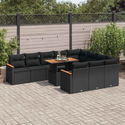 11 Pcs conjunto sofás jardim c/ almofadões vime PE/acácia preto