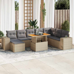 9 Pcs conjunto sofás jardim com almofadões vime PE/acácia bege