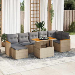 8 Pcs conjunto sofás jardim com almofadões vime PE/acácia bege