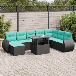 9 Pcs conjunto sofás jardim c/ almofadões vime PE/acácia preto