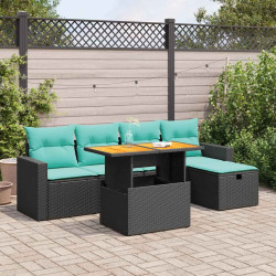 6 Pcs conjunto sofás jardim c/ almofadões vime PE/acácia preto