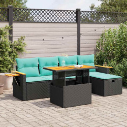 6 Pcs conjunto sofás jardim c/ almofadões vime PE/acácia preto