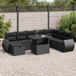 9 Pcs conjunto de sofás p/ jardim c/ almofadões vime PE preto