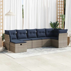 7 Pcs conjunto sofás p/ jardim c/ almofadões vime PE cinzento