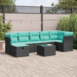 8 Pcs conjunto sofás de jardim com almofadões vime PE preto
