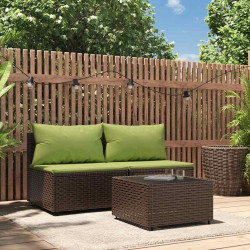 3 Pcs conjunto lounge jardim c/ almofadões vime PE castanho