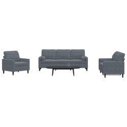 3 Pcs conjunto sofás com almofadões e rolos veludo cinza-escuro