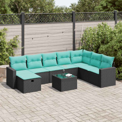 9 Pcs conjunto de sofás p/ jardim c/ almofadões vime PE preto