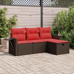 4 Pcs conjunto sofás de jardim c/ almofadões vime PE castanho