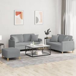3 Pcs conjunto de sofás com almofadas tecido cinzento-claro