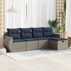 5 Pcs conjunto sofás de jardim c/ almofadões vime PE cinzento