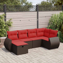 6 Pcs conjunto de sofás jardim c/ almofadões vime PE castanho