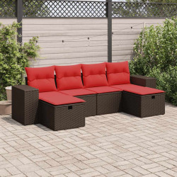 6 Pcs conjunto de sofás jardim c/ almofadões vime PE castanho
