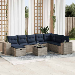 9 Pcs conjunto sofás p/ jardim com almofadões vime PE cinzento