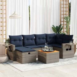7 Pcs conjunto sofás p/ jardim c/ almofadões vime PE cinzento