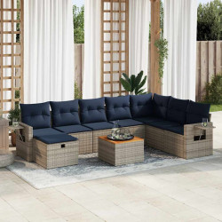 9 Pcs conjunto sofás p/ jardim com almofadões vime PE cinzento