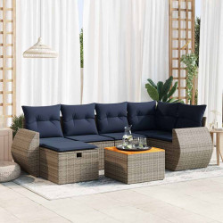 7 Pcs conjunto sofás p/ jardim c/ almofadões vime PE cinzento