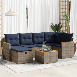 7 Pcs conjunto sofás p/ jardim c/ almofadões vime PE cinzento