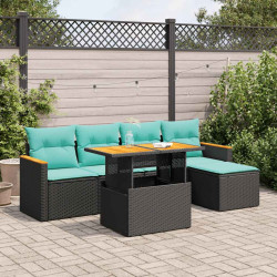 6 Pcs conjunto sofás de jardim c/ almofadões vime PE preto