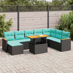 9 Pcs conjunto de sofás p/ jardim c/ almofadões vime PE preto