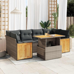 7 Pcs conjunto sofás jardim almofadões vime PE/acácia cinzento