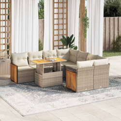9 Pcs conjunto sofás jardim com almofadões vime PE/acácia bege