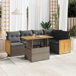 6 Pcs conjunto sofás jardim com almofadões PE/acácia cinzento