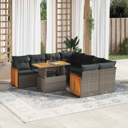 9 Pcs conjunto sofás jardim almofadões vime PE/acácia cinzento