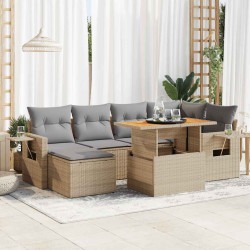 7 Pcs conjunto de sofás p/ jardim com almofadões vime PE bege