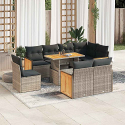 9 Pcs conjunto sofás jardim almofadões vime PE/acácia cinzento
