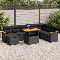 9 Pcs conjunto sofás p/ jardim almofadões vime PE/acácia preto