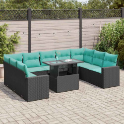 10 Pcs conjunto sofás jardim c/ almofadões vime PE/acácia preto