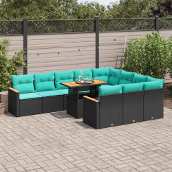 11 Pcs conjunto sofás de jardim c/ almofadões vime PE preto