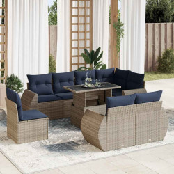 9 Pcs conjunto sofás jardim almofadões vime PE/acácia cinzento