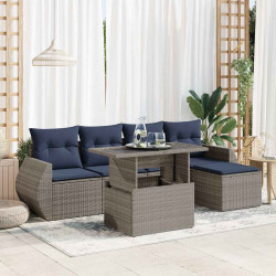 6 Pcs conjunto sofás jardim com almofadões PE/acácia cinzento