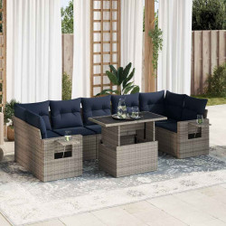 8 Pcs conjunto sofás jardim com almofadões vime PE/acácia cinzento