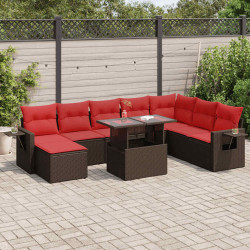 9 Pcs conjunto sofás p/ jardim almofadões vime PE/acácia castanho