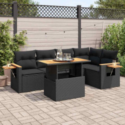 6 Pcs conjunto sofás jardim c/ almofadões vime PE/acácia preto